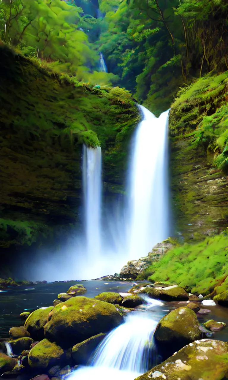 a large waterfall flow in the middle of a lush green forest and trees shaking in the air