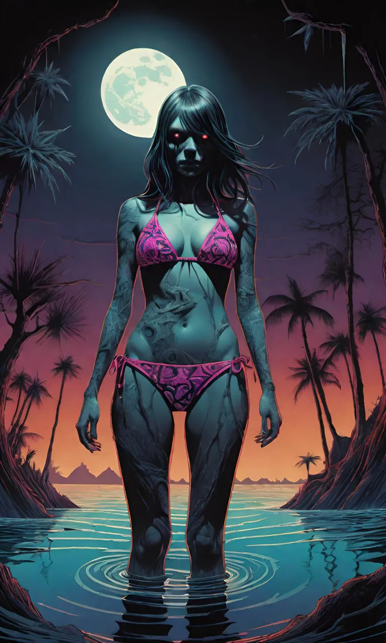 a vampire woman whit bikini cross the water