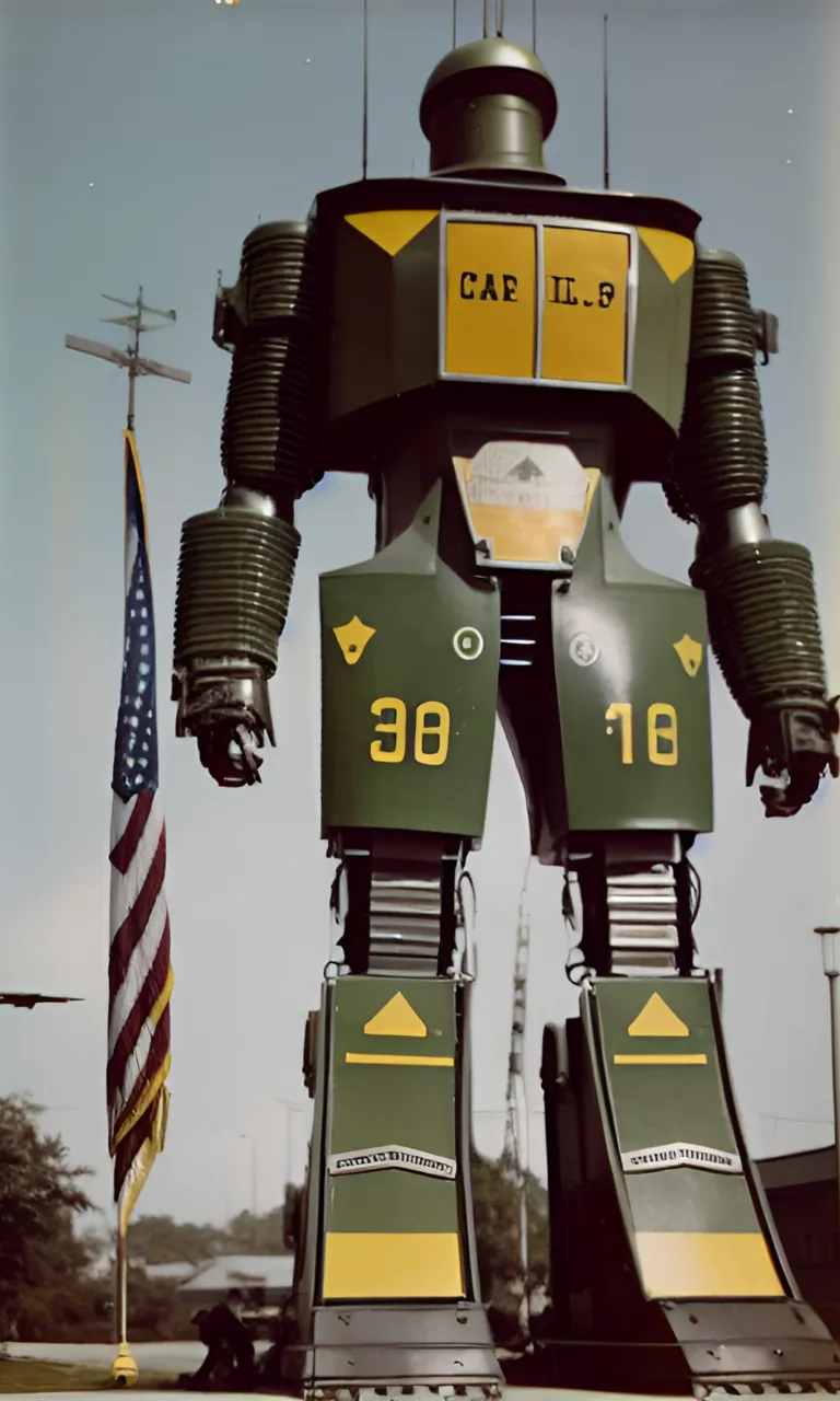 a large robot standing in front of a flag