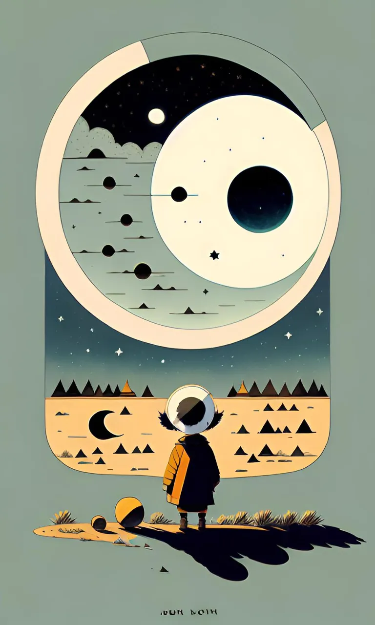 a person standing in front of a moon and planets