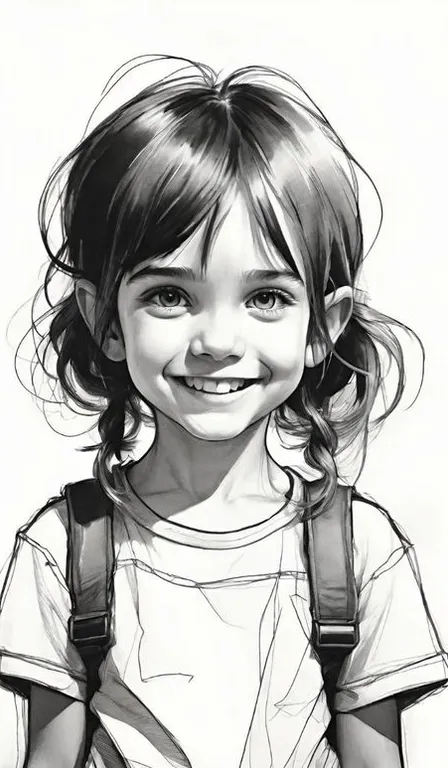 a black and white drawing of a little girl