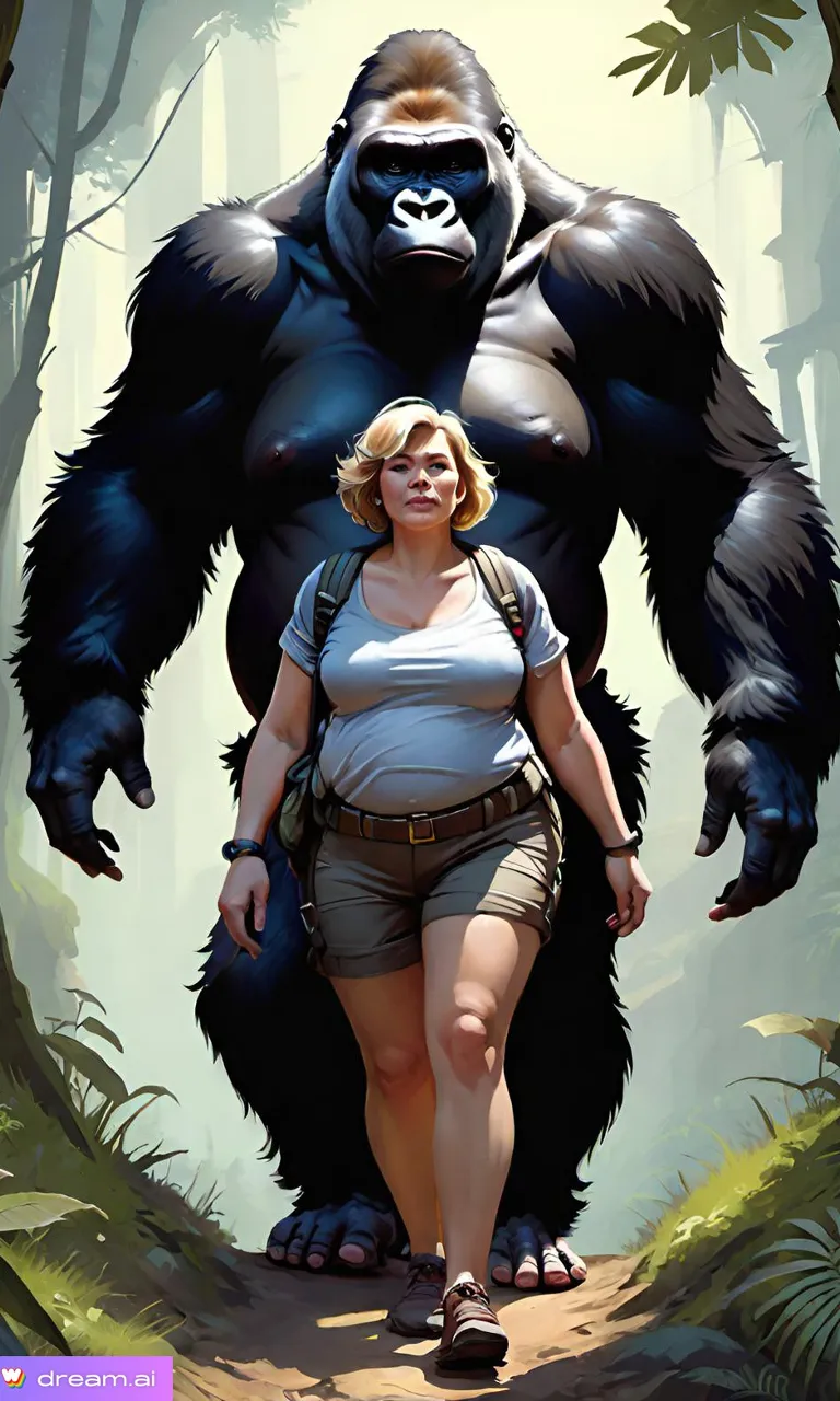 a woman is walking in front of a gorilla