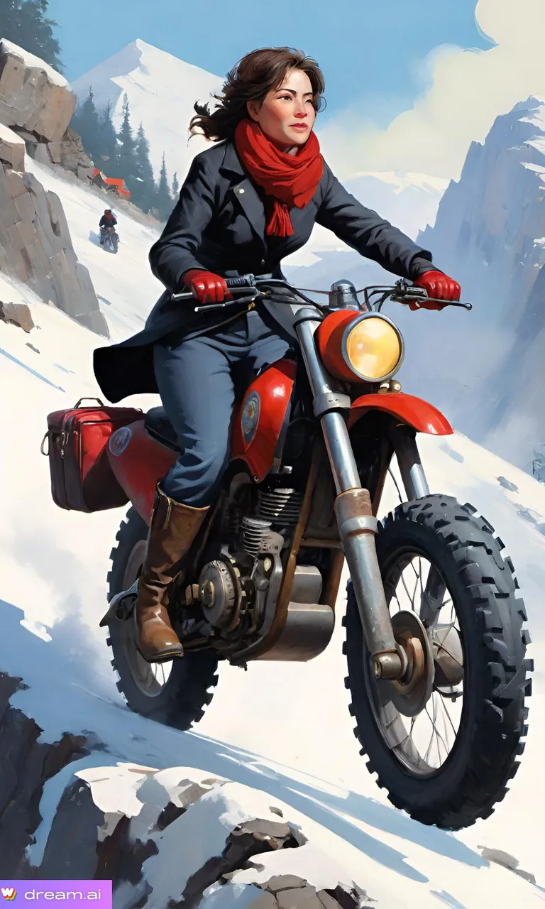 a painting of a woman riding a motorcycle in the snow