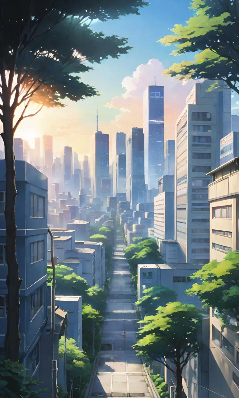 a painting of a city with tall buildings all trees are shaking on the wind