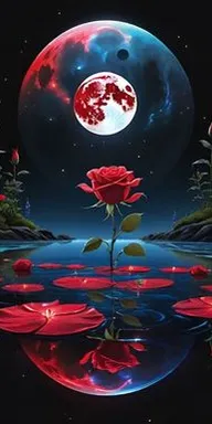 a red rose floating in water with a full moon in the background