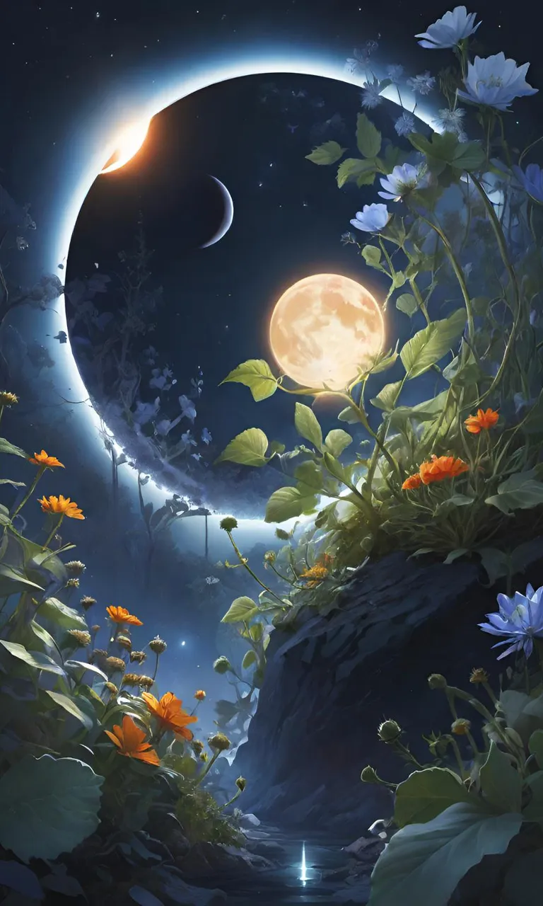 a painting of a night scene with flowers and a moon