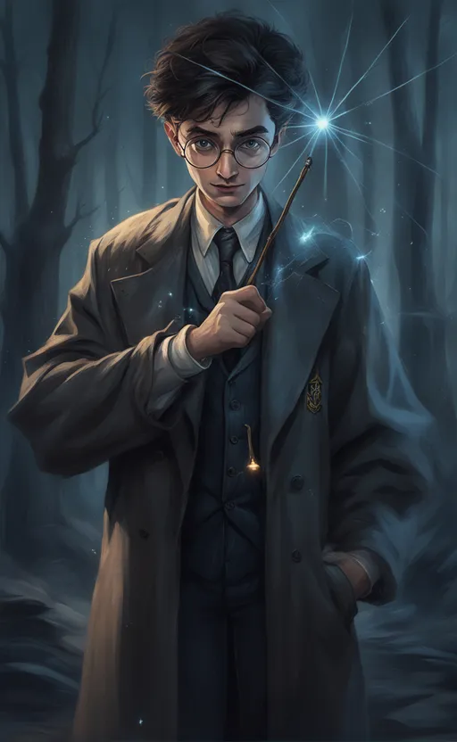 a painting of a harry potter holding a wand