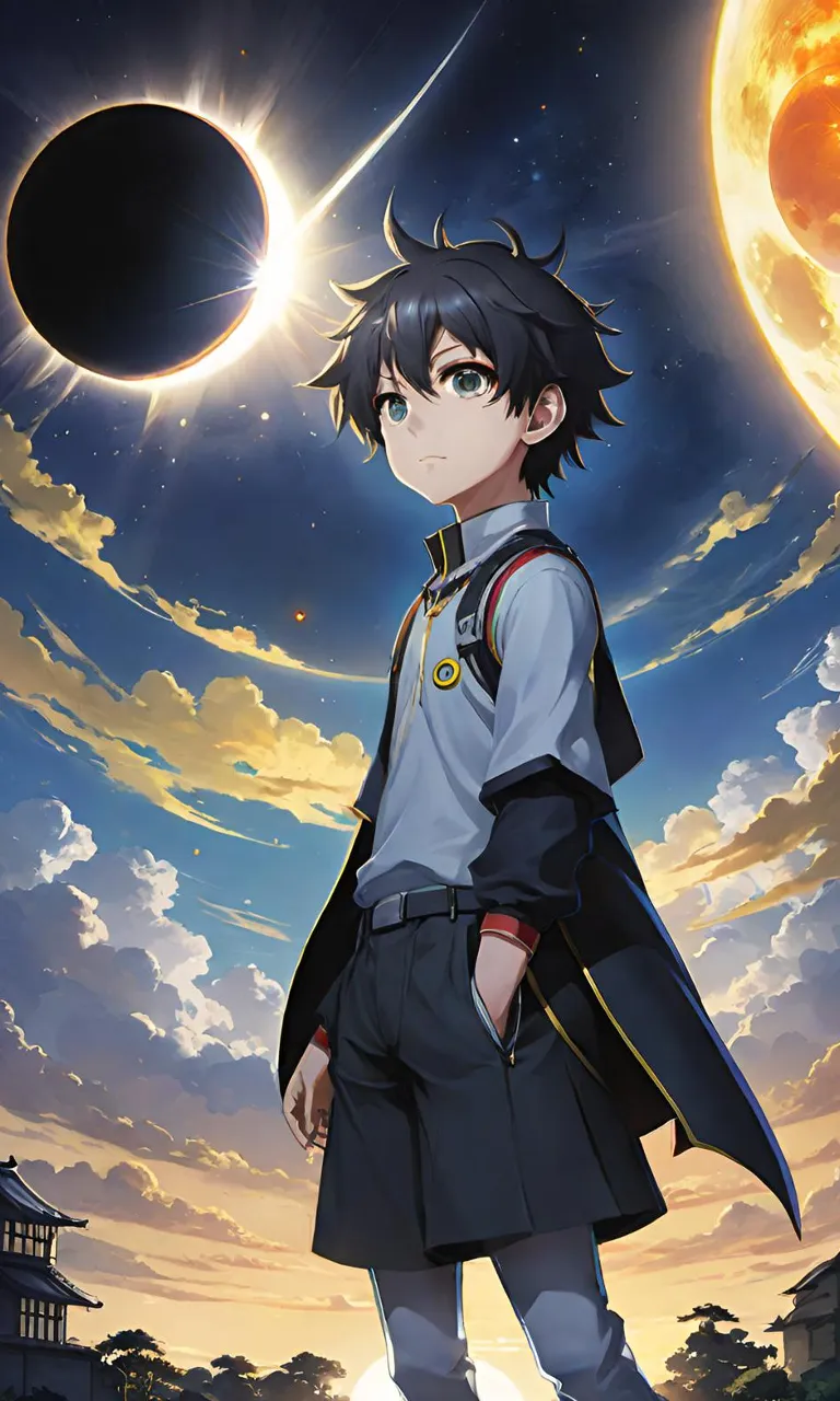 an anime character standing in front of a eclipse