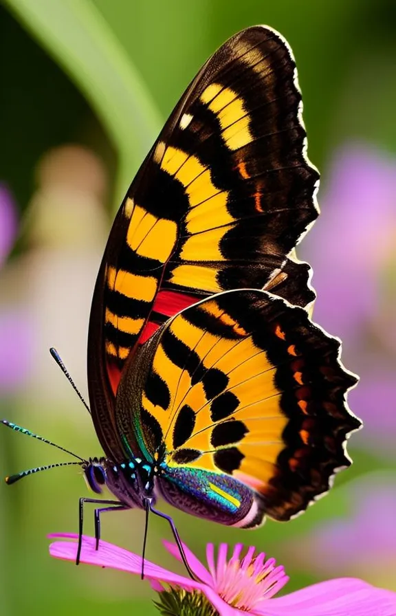 a yellow and black butterfly sitting on a pink flower