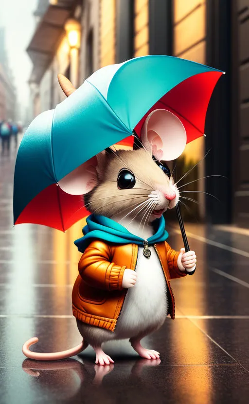 a mouse holding an umbrella while standing on a sidewalk