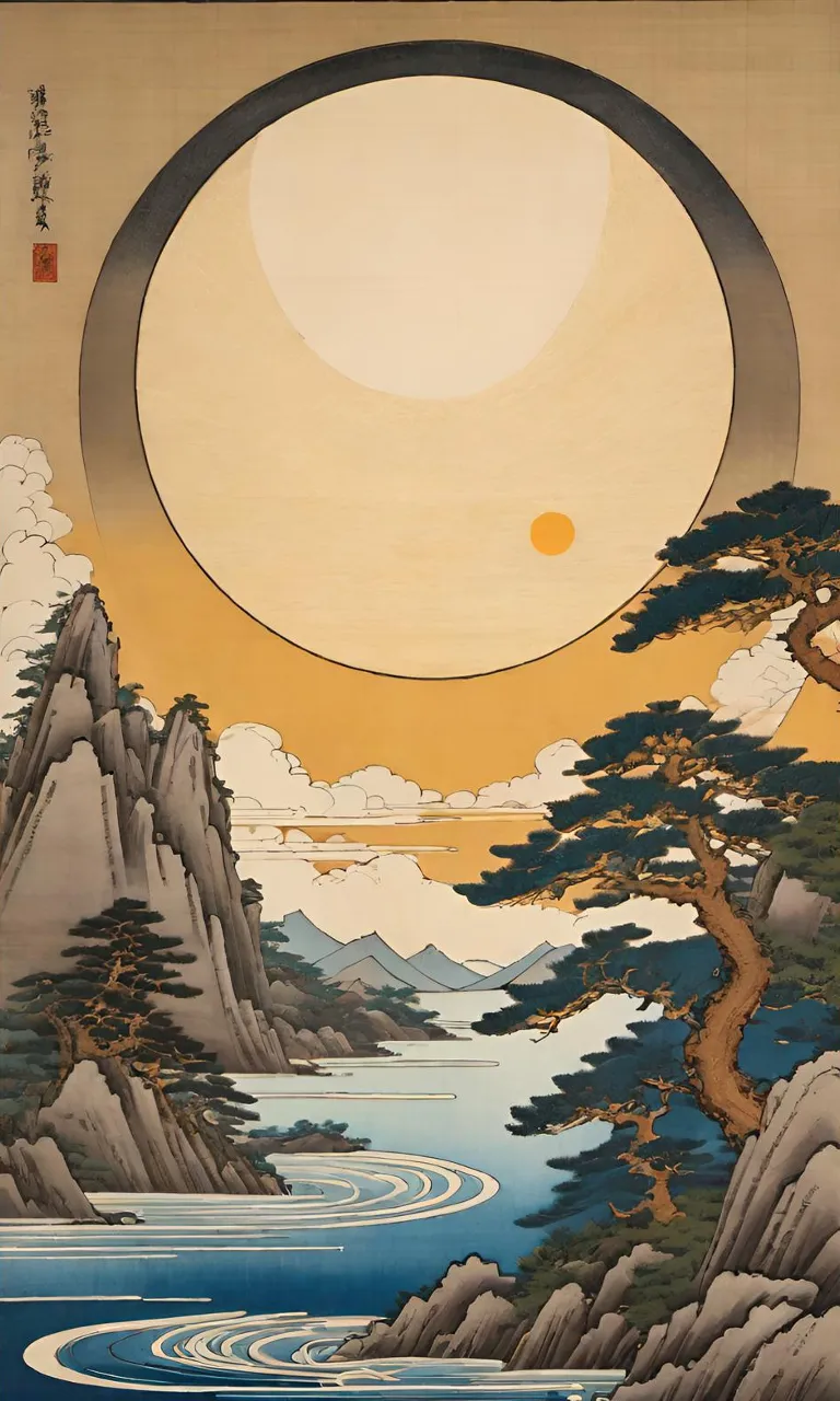 a painting of a landscape with mountains and trees