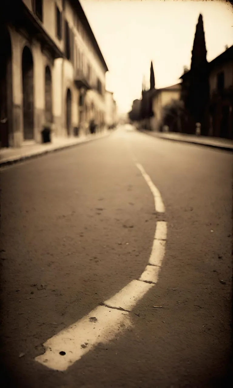 an empty street with buildings and a clock tower in the distance