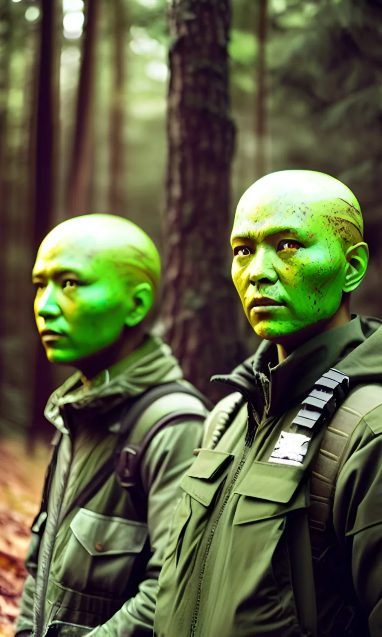 two people with green paint on their faces in the woods