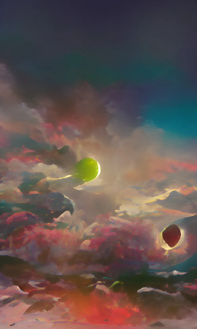 a painting of three balloons floating in the sky