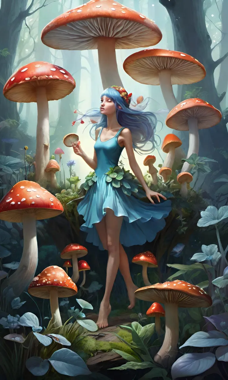 a woman in a blue dress dance in a forest with mushrooms