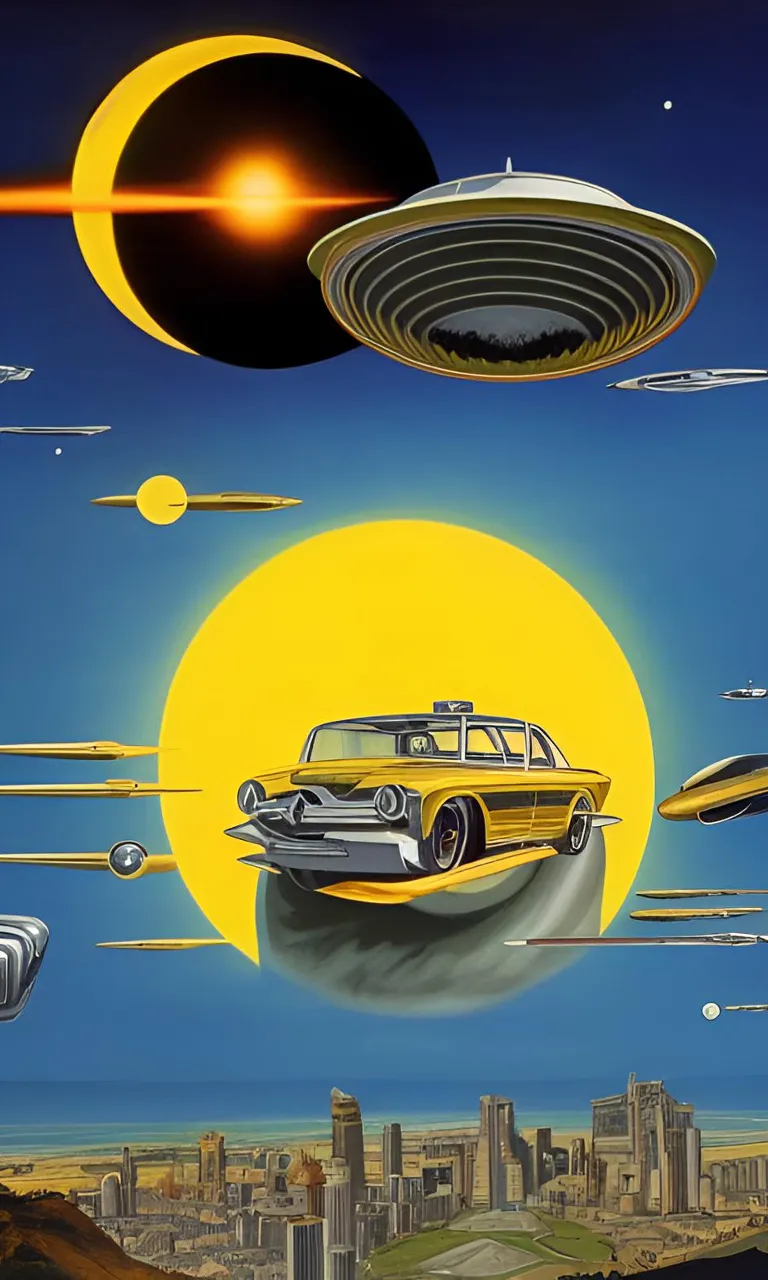 a painting of a car in front of a solar system