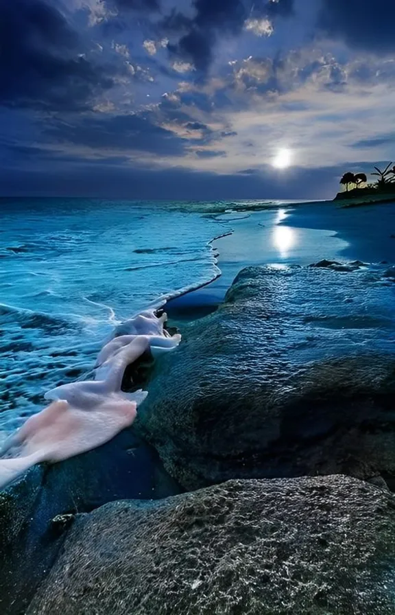 a view of the ocean with a full moon in the sky