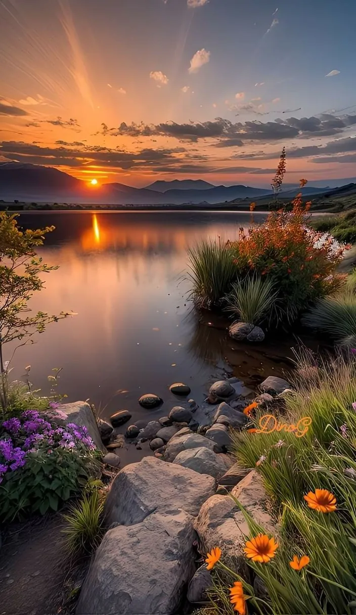 a beautiful sunset over a lake with rocks and flowers