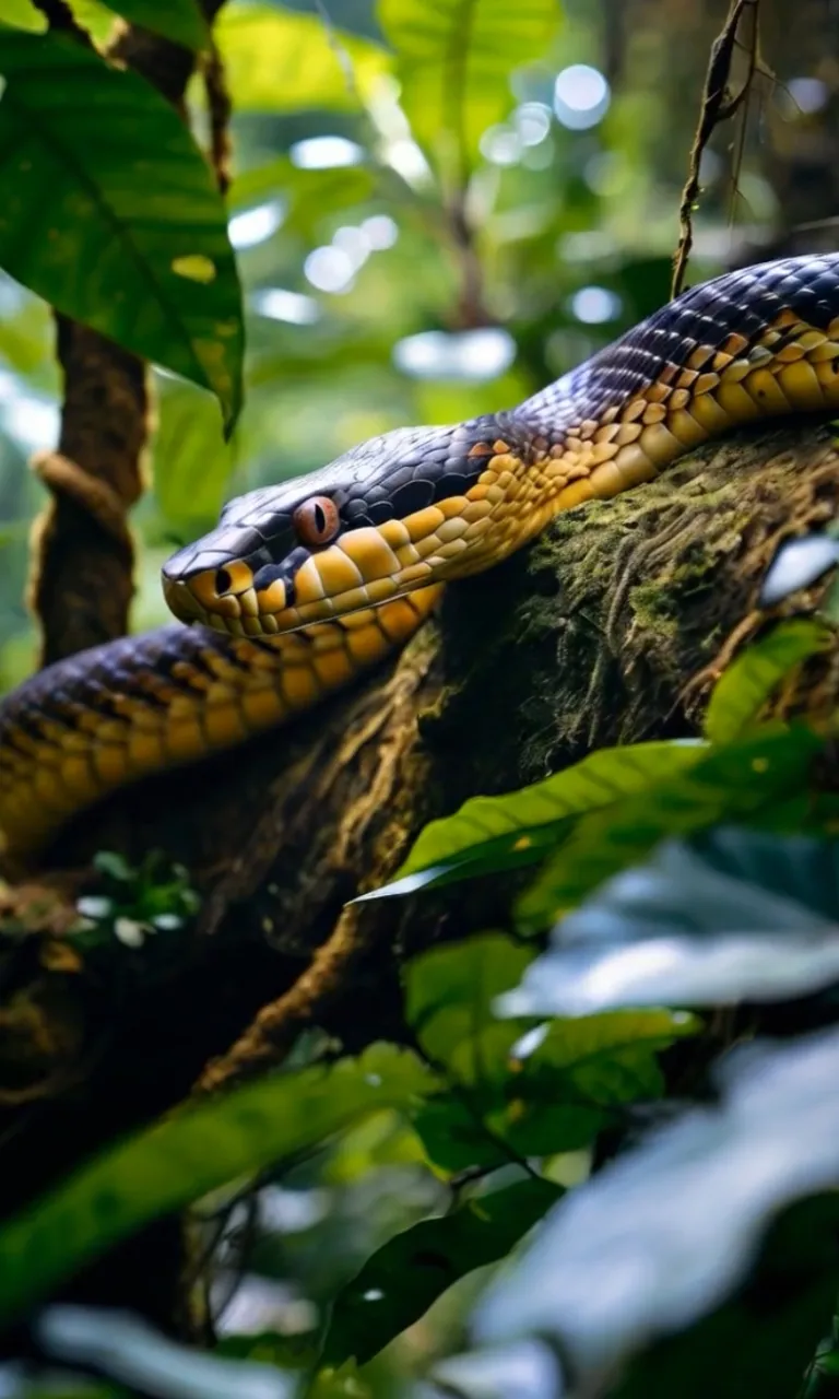 a snake is on a tree branch in the jungle