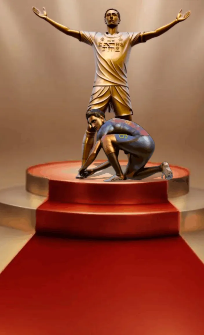 a statue of a man and a woman on a red carpet