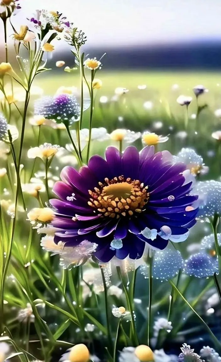 a painting of a purple flower in a field of daisies  Movement from the wind