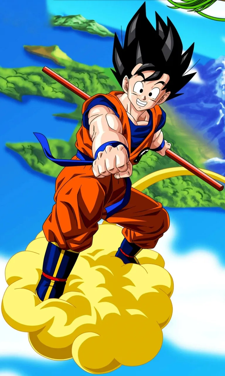 a goku of a man flying through the airn on a cloud