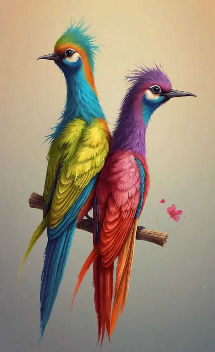 two colorful birds sitting on top of a tree branch