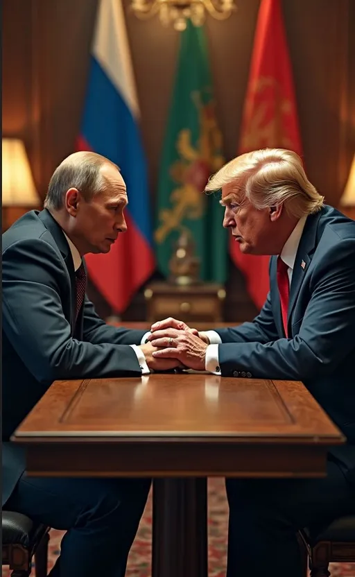 two men sitting at a table in front of flags