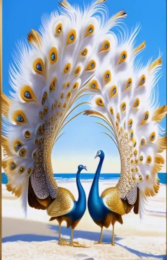 a painting of two peacocks on a beach