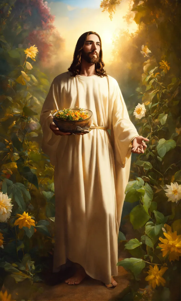 a painting of jesus holding a bowl of food