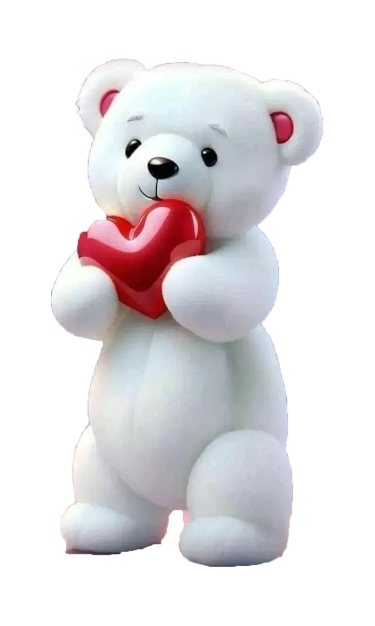 a white teddy bear with a red heart in his hands dances with joy after receiving a gift