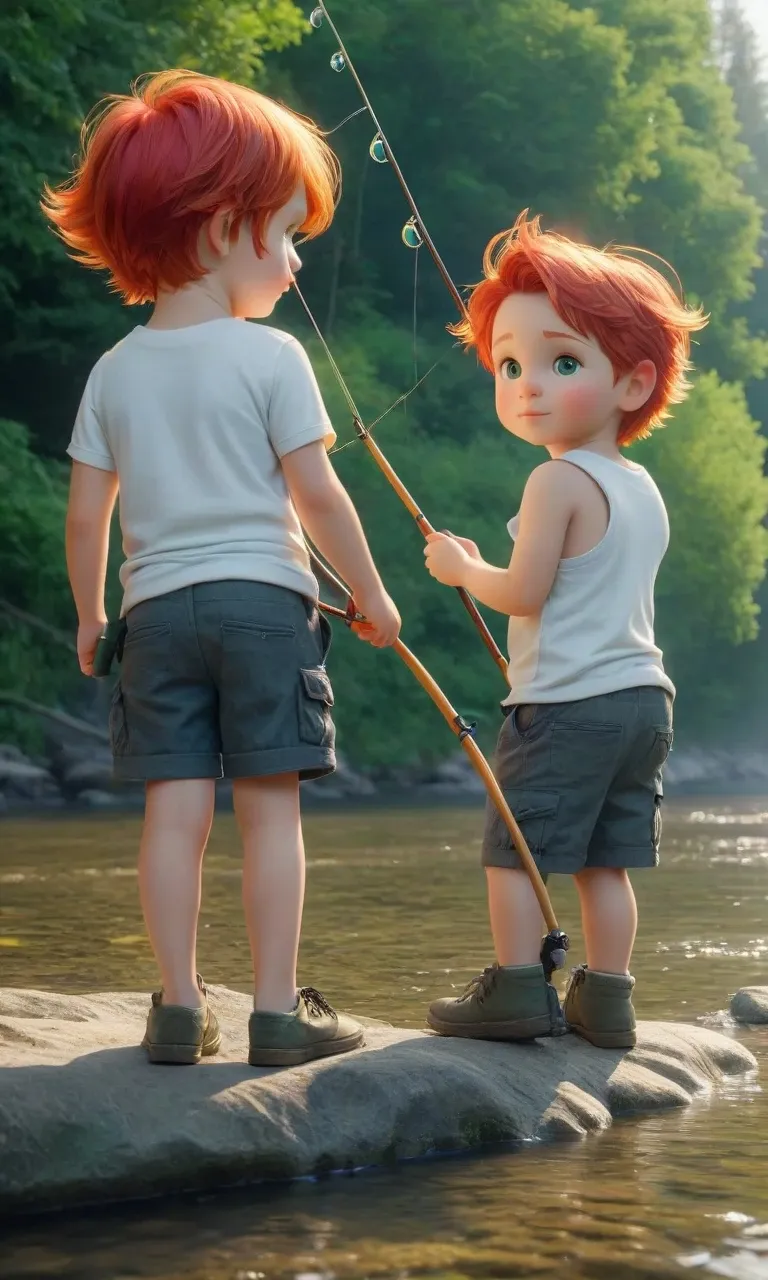 Masterpiece. ( two children boy standing on a rock with a fishing rod:1,5)Painting. Watercolor, sweat, stains. Highly detailed strokes soft diffused light Liquid Melting, Dreamy, Glowing, Glimmer, Shadows, Oil On Canvas, Brush Strokes, Smooth, Ultra High Definition