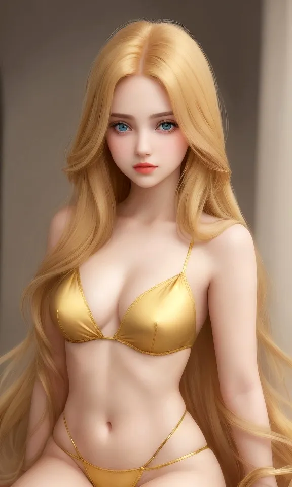 a blonde doll with long hair wearing a gold bikini