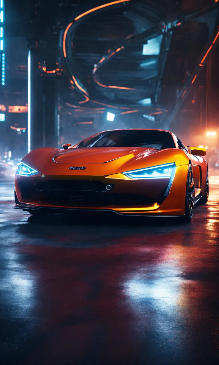 an orange sports car parked in a garage