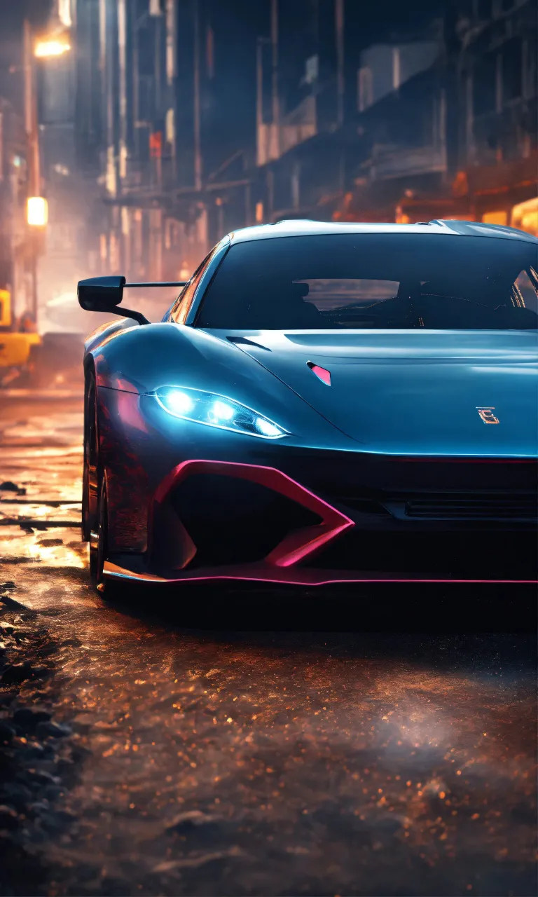 a blue sports car parked on a wet street