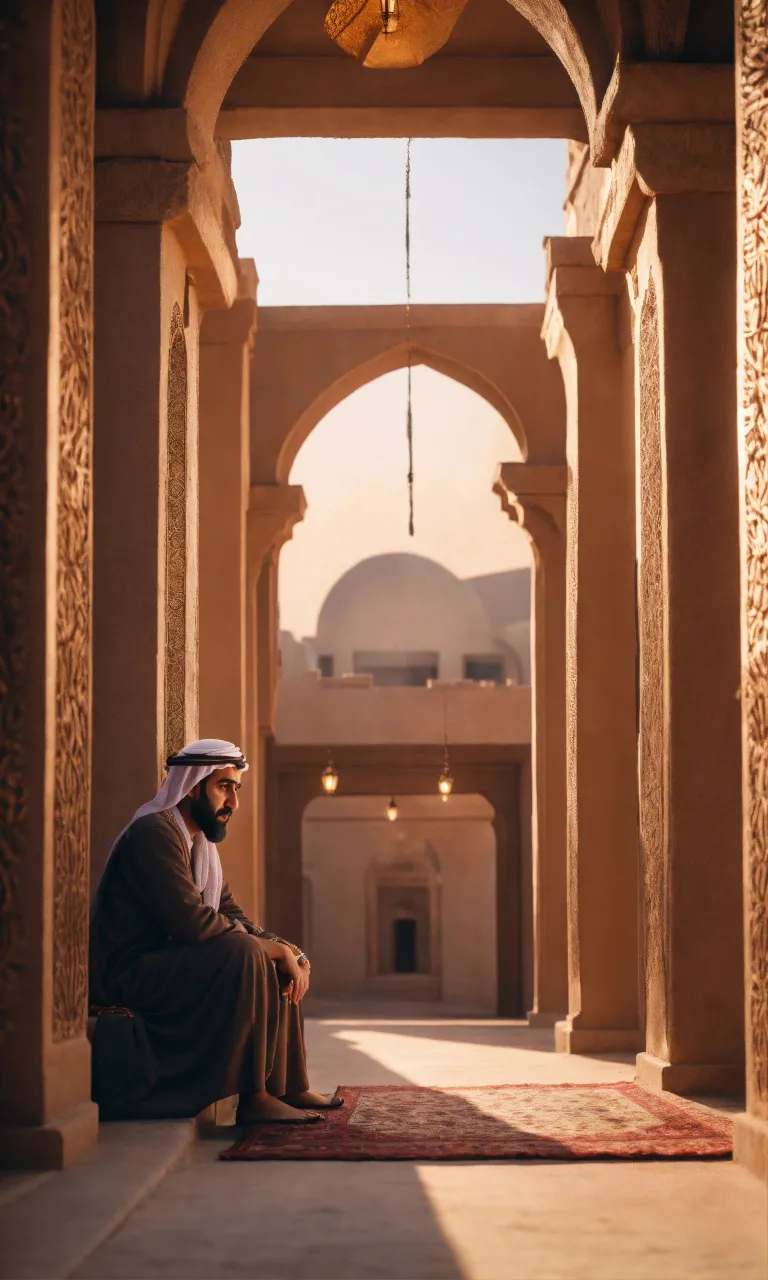 a man sitting on a rug in a building