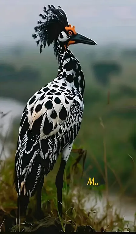 a black and white bird standing on top of a lush green field