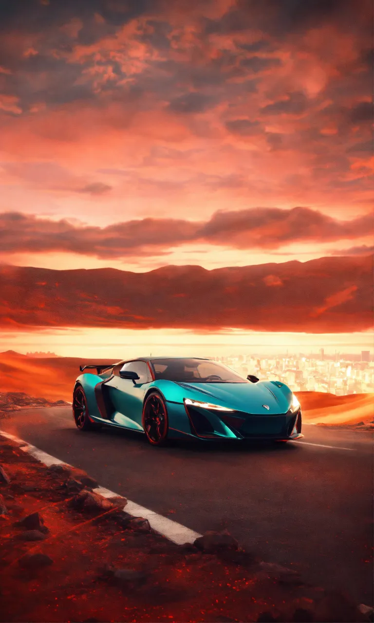 a blue sports car driving down a desert road