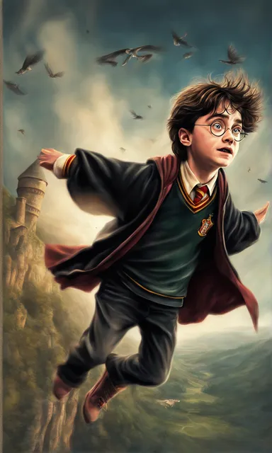 a painting of a harry potter flying through the air