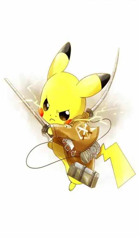 Pikachu with sword in a dramatic sword fight against an unknown enemy on a windswept mountainside