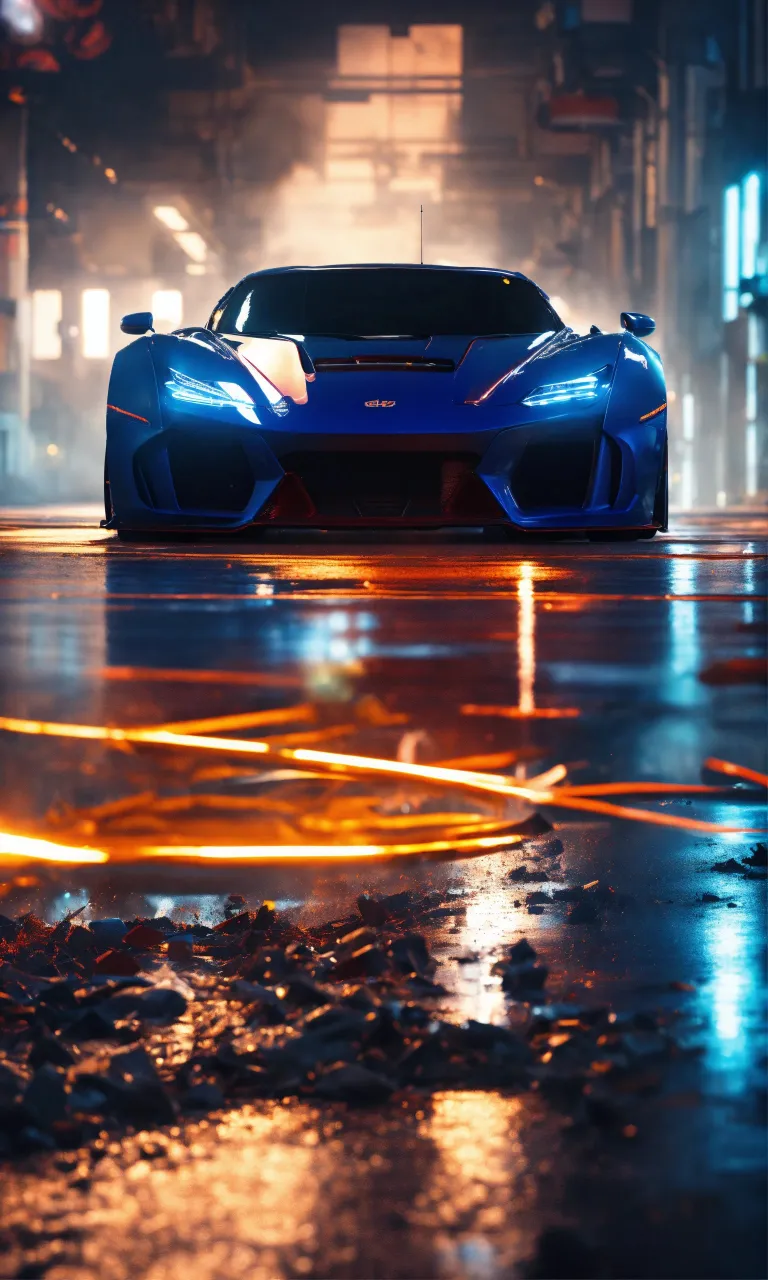 a blue sports car driving down a wet street