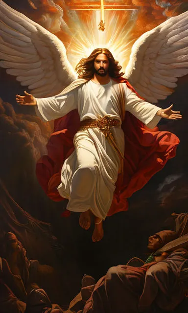 a painting of jesus on the cross with wings