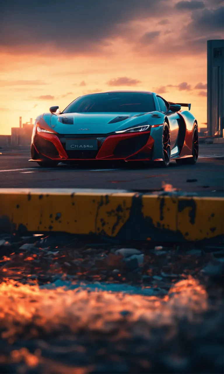 a blue and red sports car parked in a parking lot