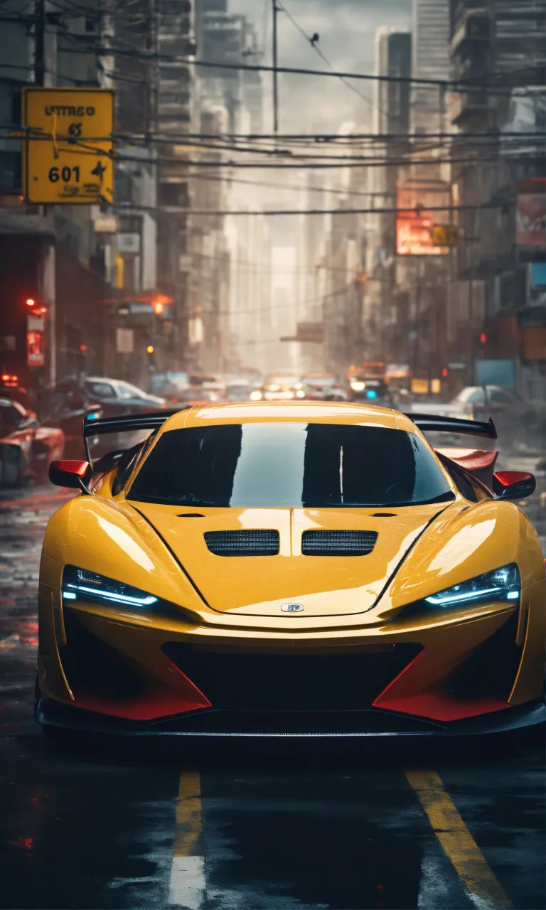 a yellow sports car driving down a city street