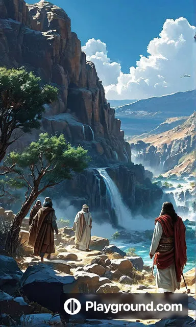 a painting of a group of people standing in front of a waterfall