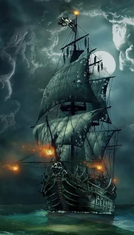 a painting of a pirate ship in the ocean