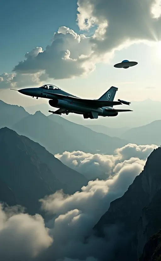 a UFO and a fighter jet flying through a cloudy sky