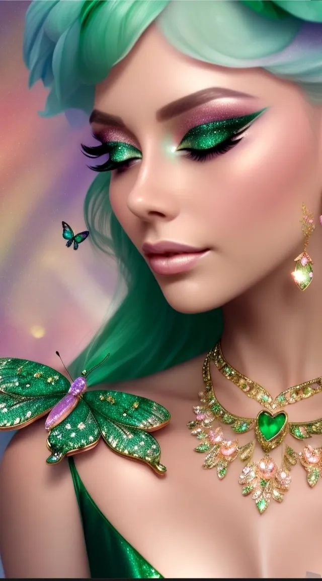 a woman with green hair and a butterfly necklace открывает глаза