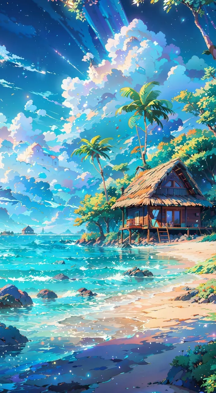 a painting of a beach with a hut on it