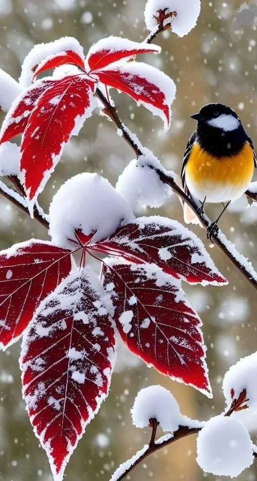 a bird perched on a branch with snow on it